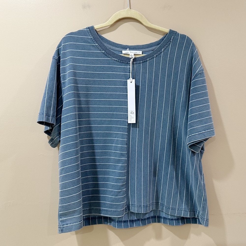 Jane & Delancey Striped T-Shirt Top Split Pattern Crew Neck Short Sleeve Blue XL